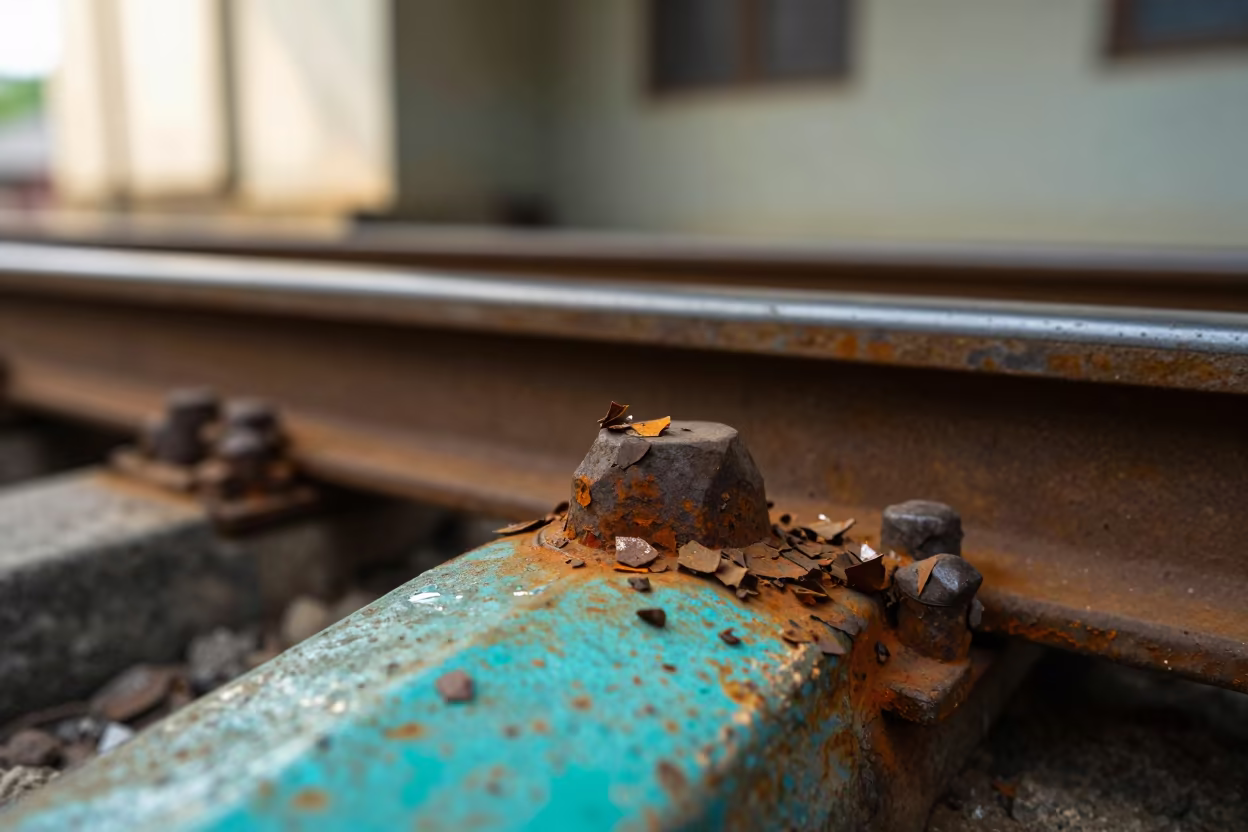 Rust Flakes Lift from Chittagong Railroad Spike in against weathered turquoise paint in Chittagong