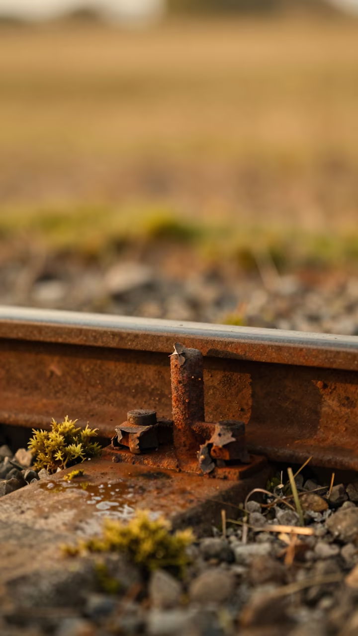 Rust Flakes Lifting from Railroad Spike on Moss in on dew-soaked moss in Mecca