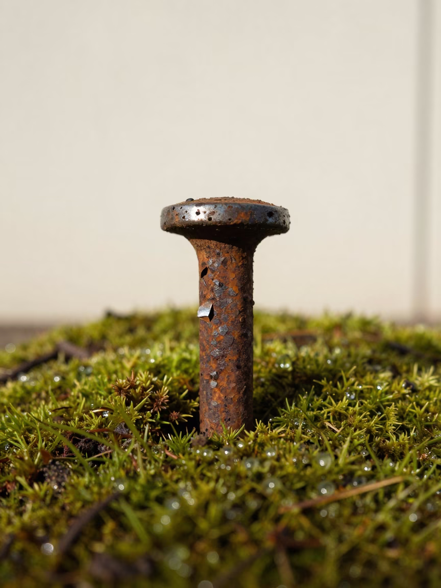 Rust Flakes Lifting from Spike on Moss in on dew-soaked moss in Polanco, Mexico City