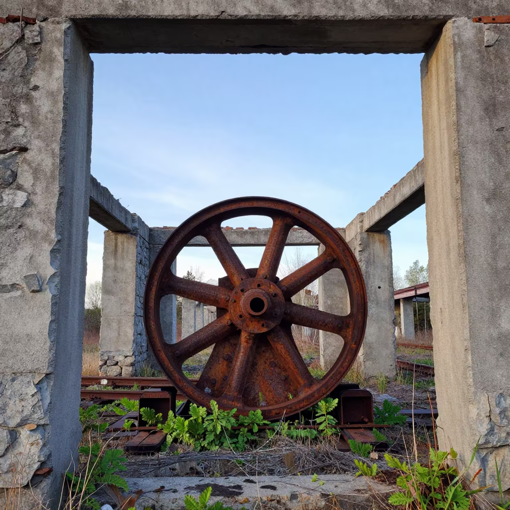 Rust-Frozen Turntable in Quebec Roundhouse Ruins in among toppled columns and nettles in Quebec