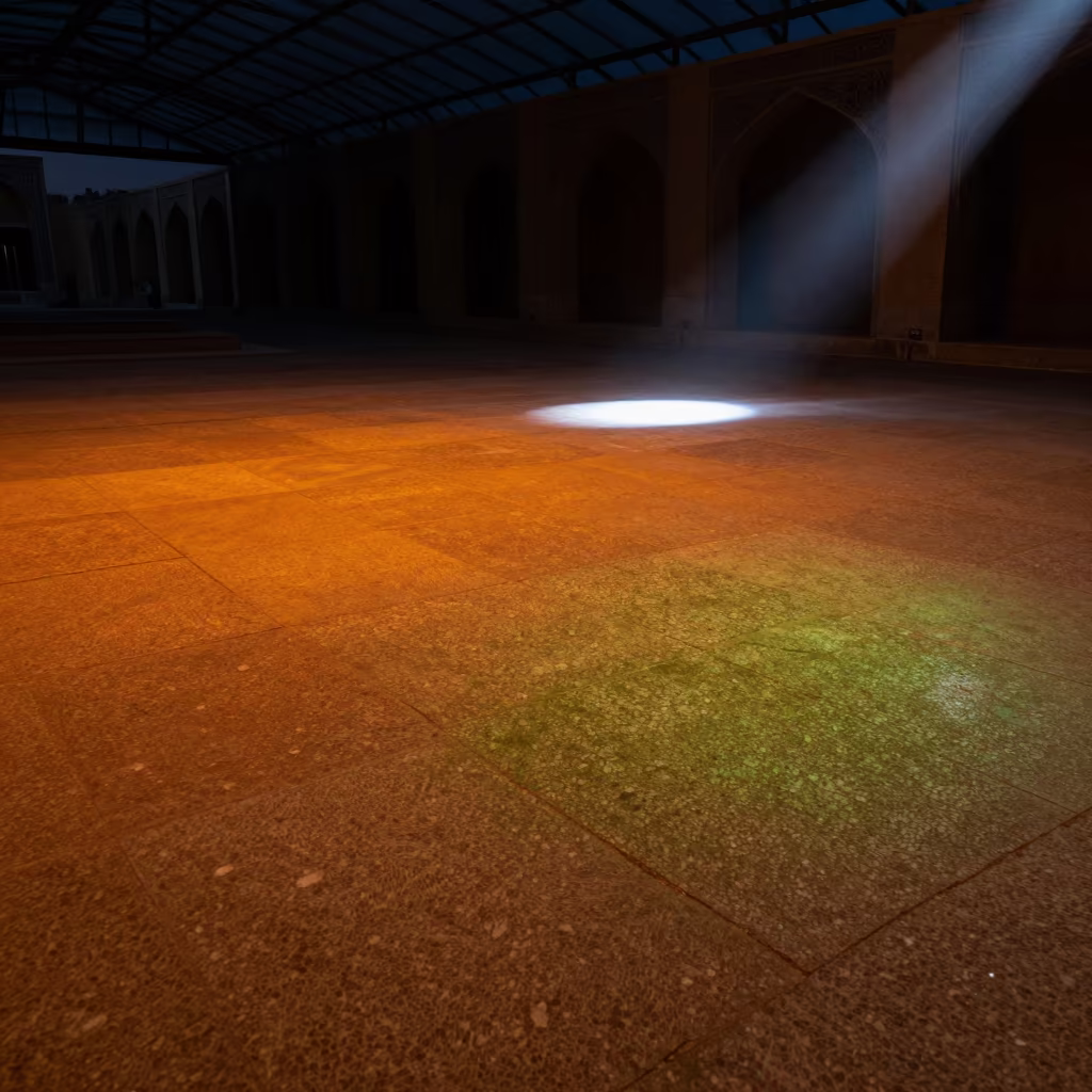 Rust and Moss Stone in Predawn Arcade in inside a glass-roofed arcade near Isfahan