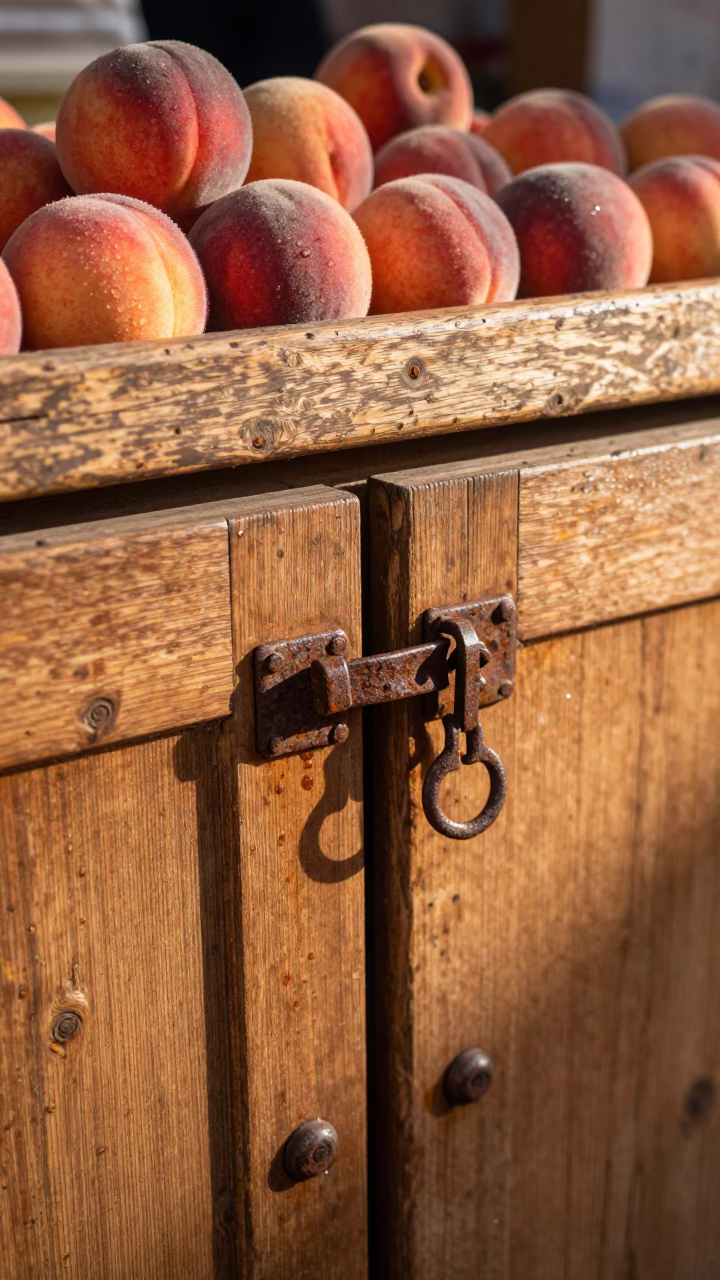 Rust on Cabinet Latch and Water Beads on Fruit in Marseille Late Afternoon in in Marseille, France