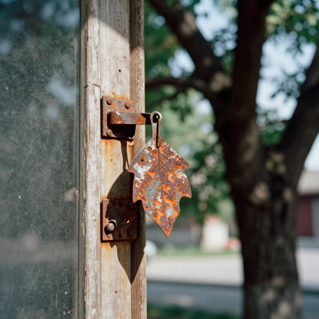 Rust on Cabinet Latch Leaf Shadows on Handle Midday Beijing China Street Scene in in Beijing, China