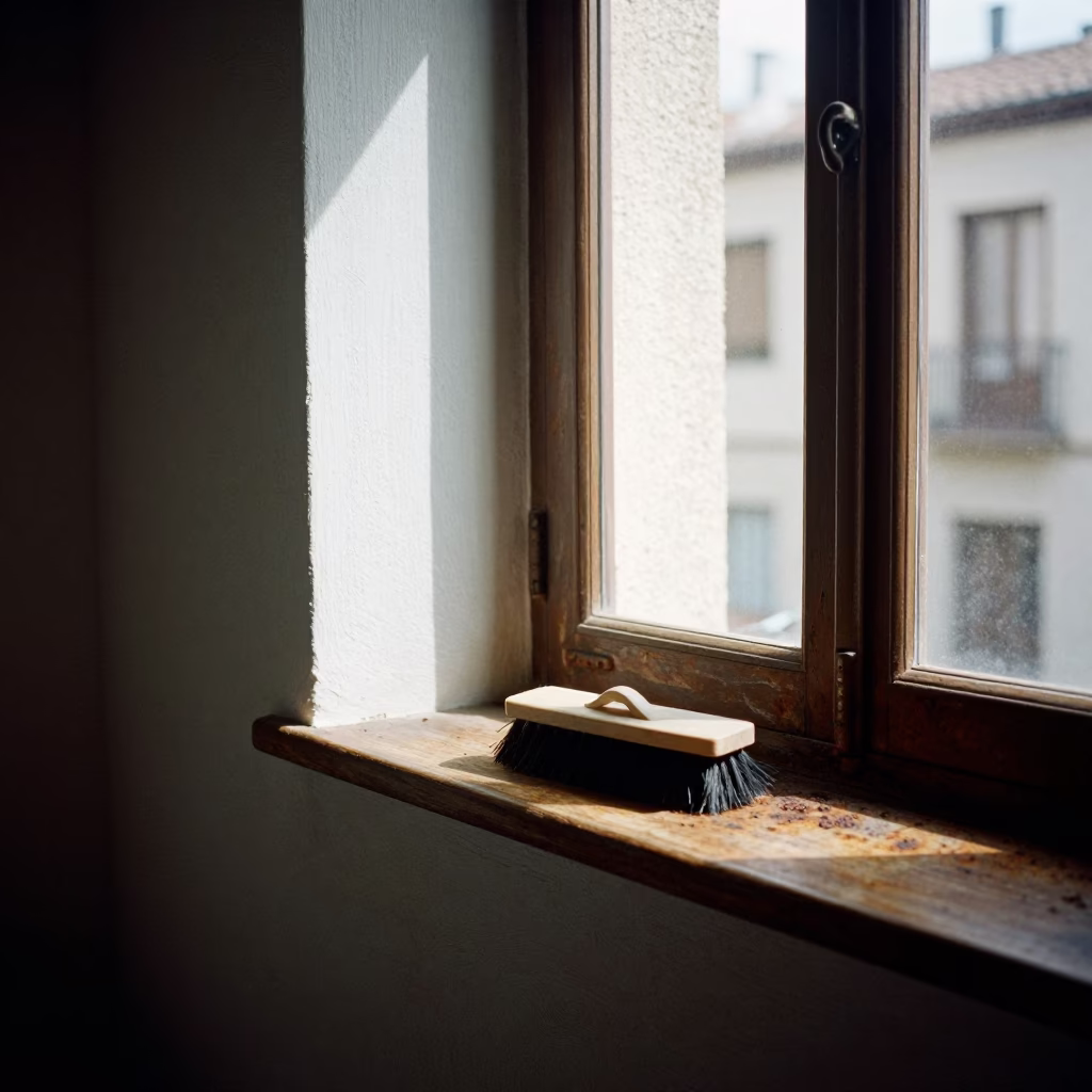 Rust on Window Sill and Coat Brush in Traditional Madrid Apartment Early Afternoon in in Madrid, Spain