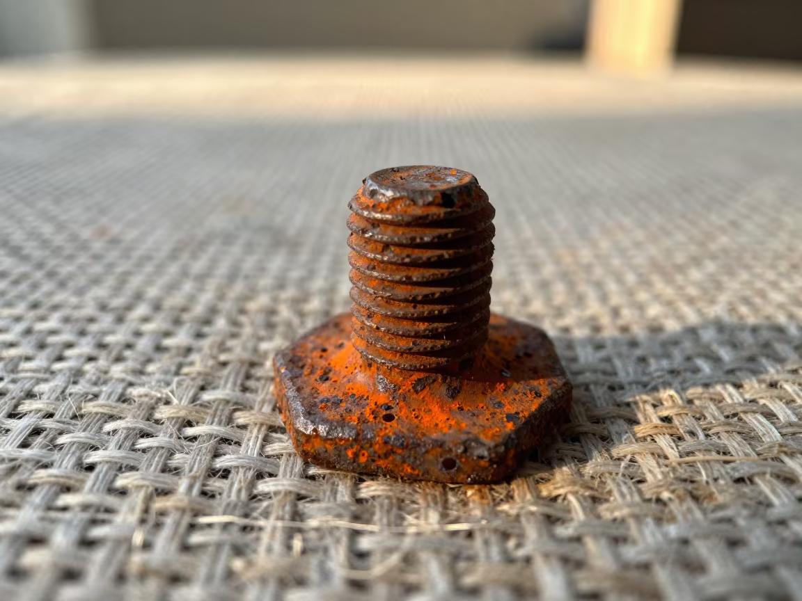 Rust Blooming Orange on Iron Bolt Head in against woven linen fibers in Nagpur