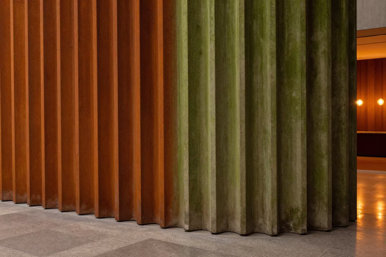 Rust Orange Moss Green Stone Ezeiza Lobby in inside a ribbed concrete lobby in Ezeiza