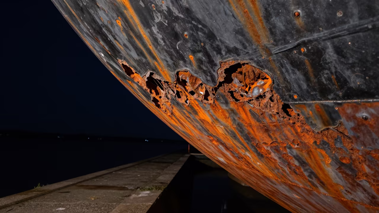 Rust Pits on Ship Hull Under Night Rim Light in on a wind-open causeway near Gdansk
