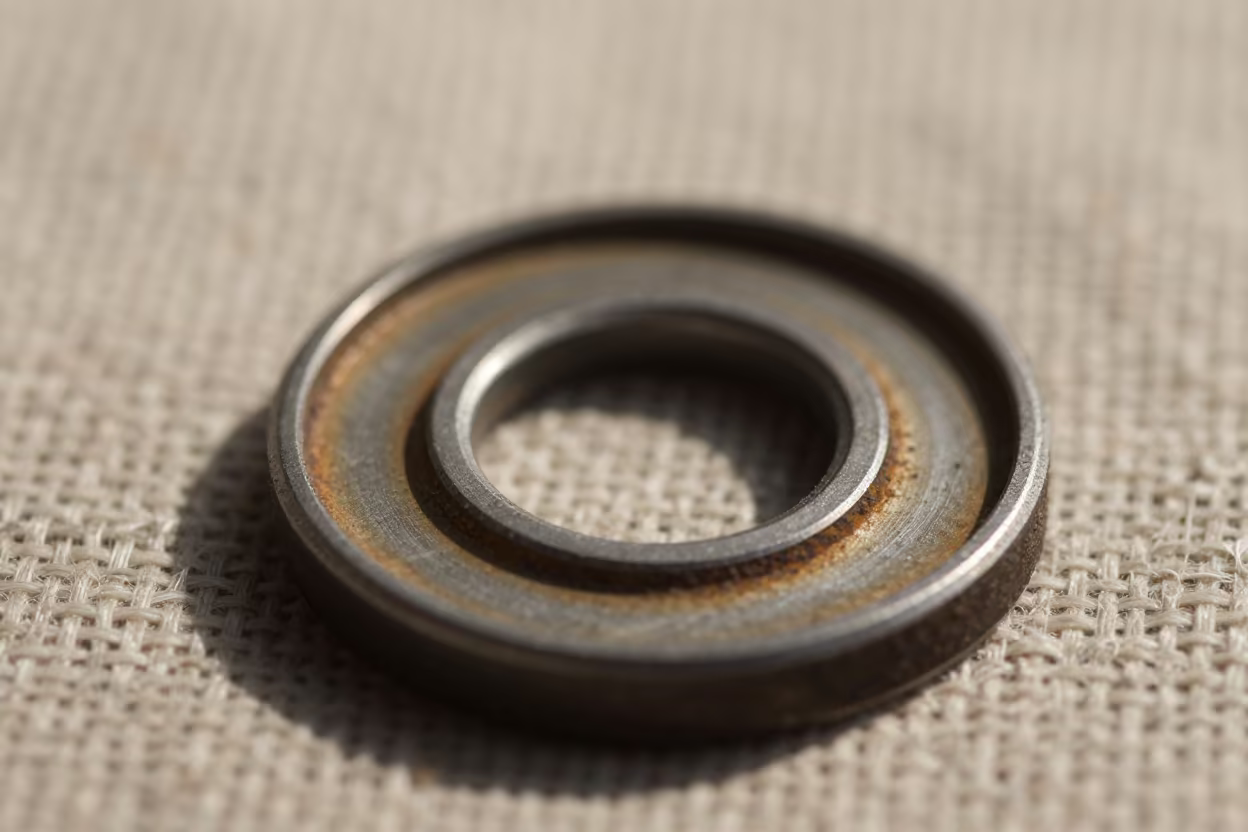 Rust Rings on Steel Washer Against Linen in against woven linen fibers in Alicante