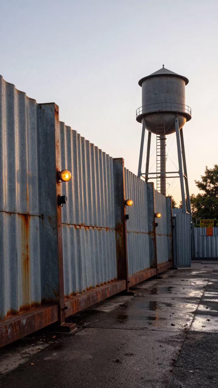 Rust Stained Flood Barrier Under Morning Sun in beside a water tower ladder near Santiago de Querétaro