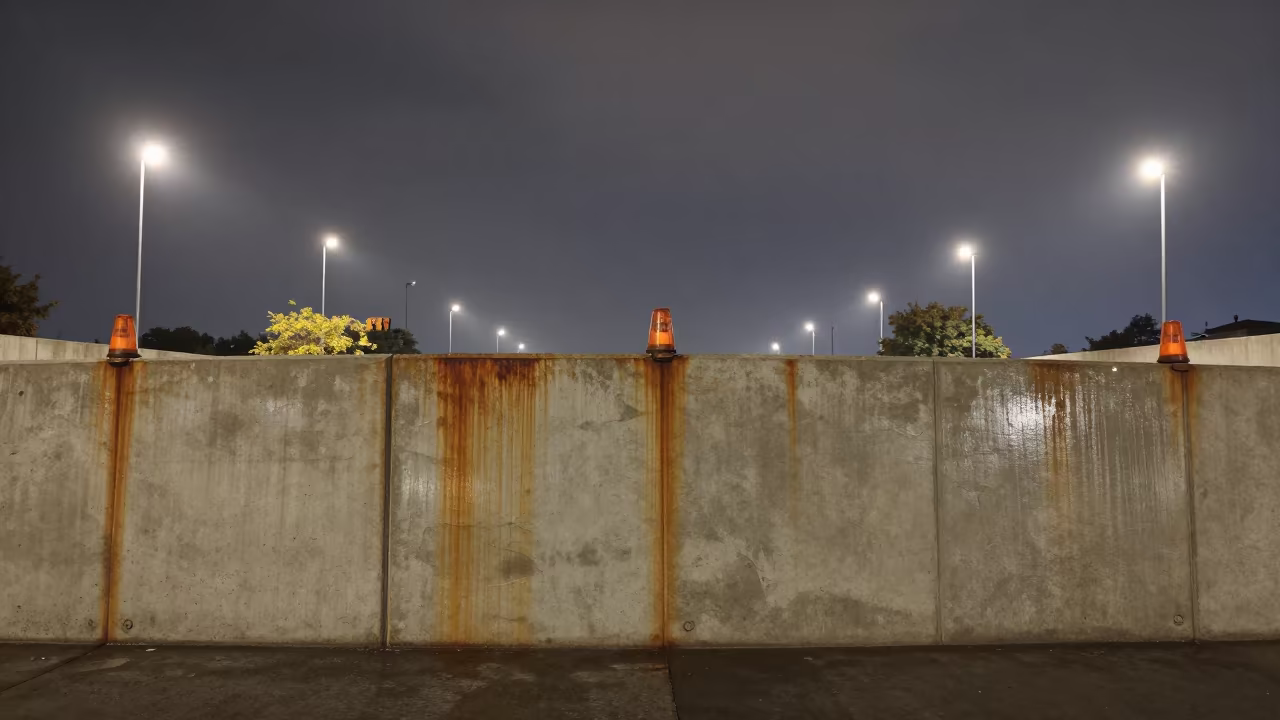 Rust Stained Flood Barrier Under Night Lights in across a windy overpass interchange in Baghdad