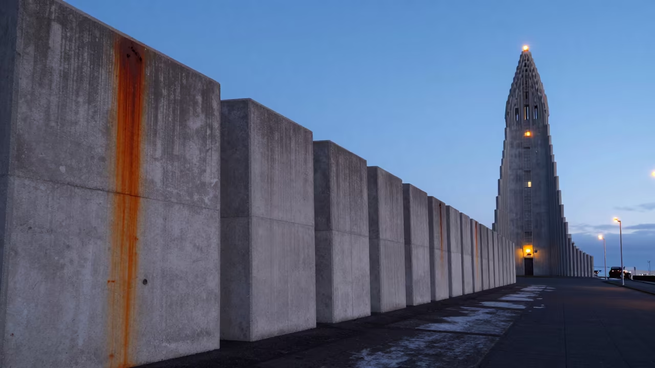 Rust Stained Flood Barrier Twilight Iceland in beside a water tower ladder near Reykjavik