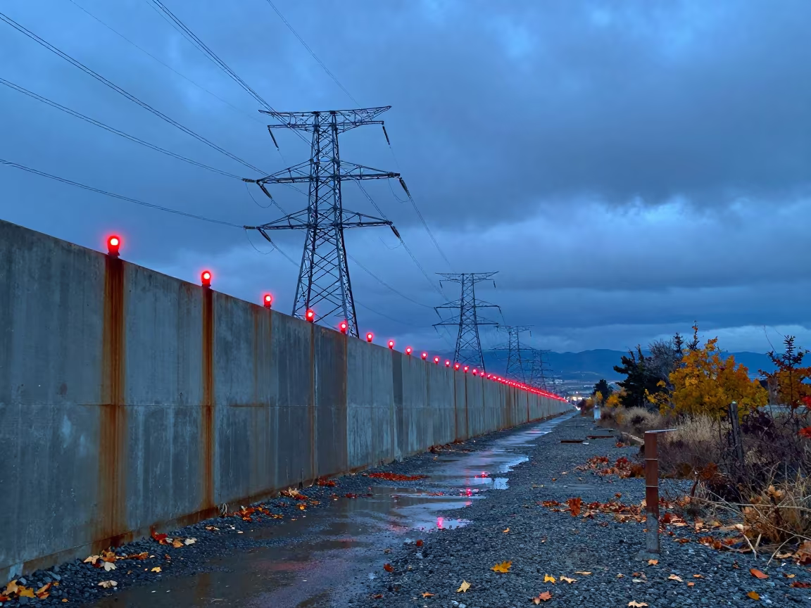 Rust Stained Flood Barrier Under Twilight Sky in beneath transmission towers near Salt Lake City