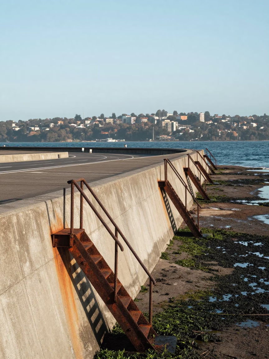 Rust Stains and Storm Ladders on Sydney Sea Wall in across a windy overpass interchange near Surry Hills, Sydney
