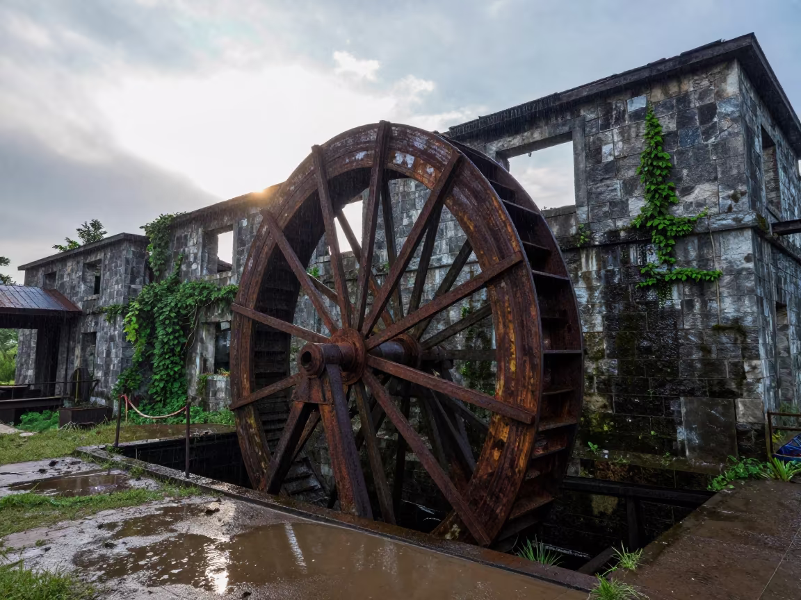 Rust Waterwheel in Brunei Mill Ruins in among roofless stone chambers in Brunei