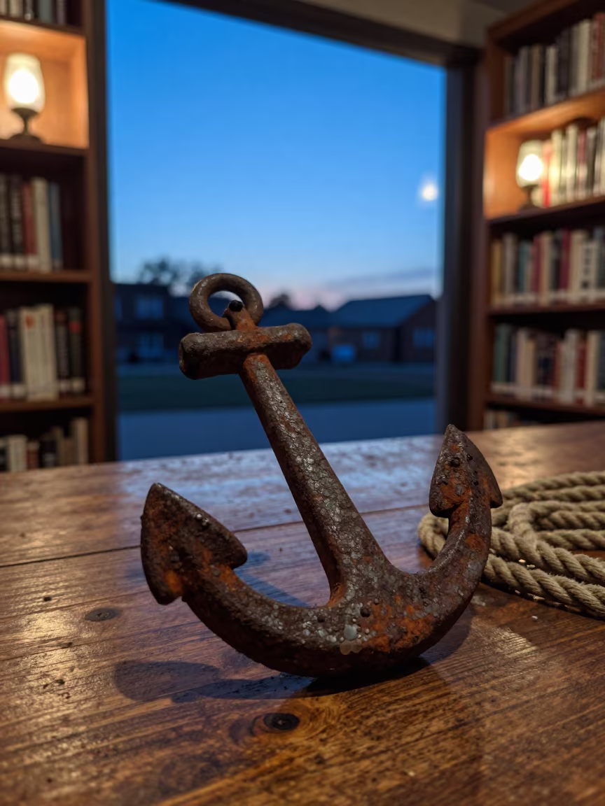 Rusted Anchor on Dusty Library Table in on a dusty library table near Kamsar