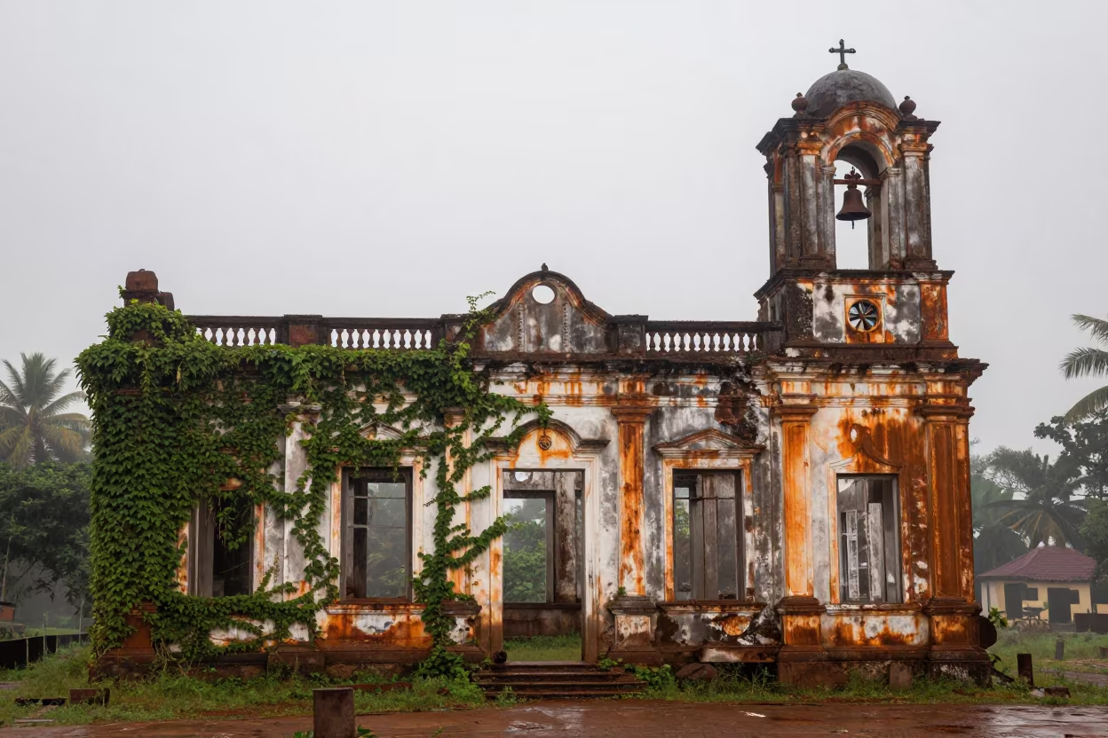 Rusted Bell Tower in Goa Schoolhouse Ruins in beside ivy-draped masonry in Goa