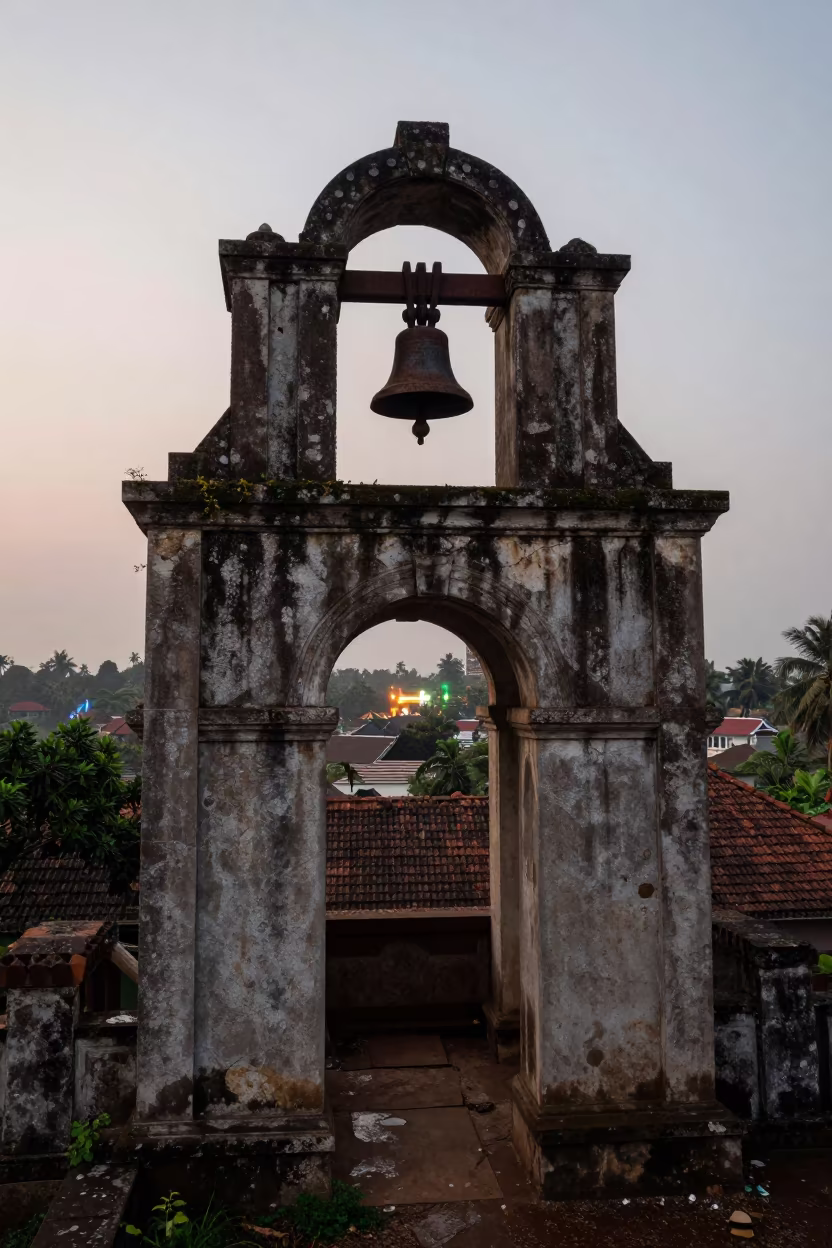 Rusted Bell Tower in Kerala Ruins in among collapsed cloisters in Kerala
