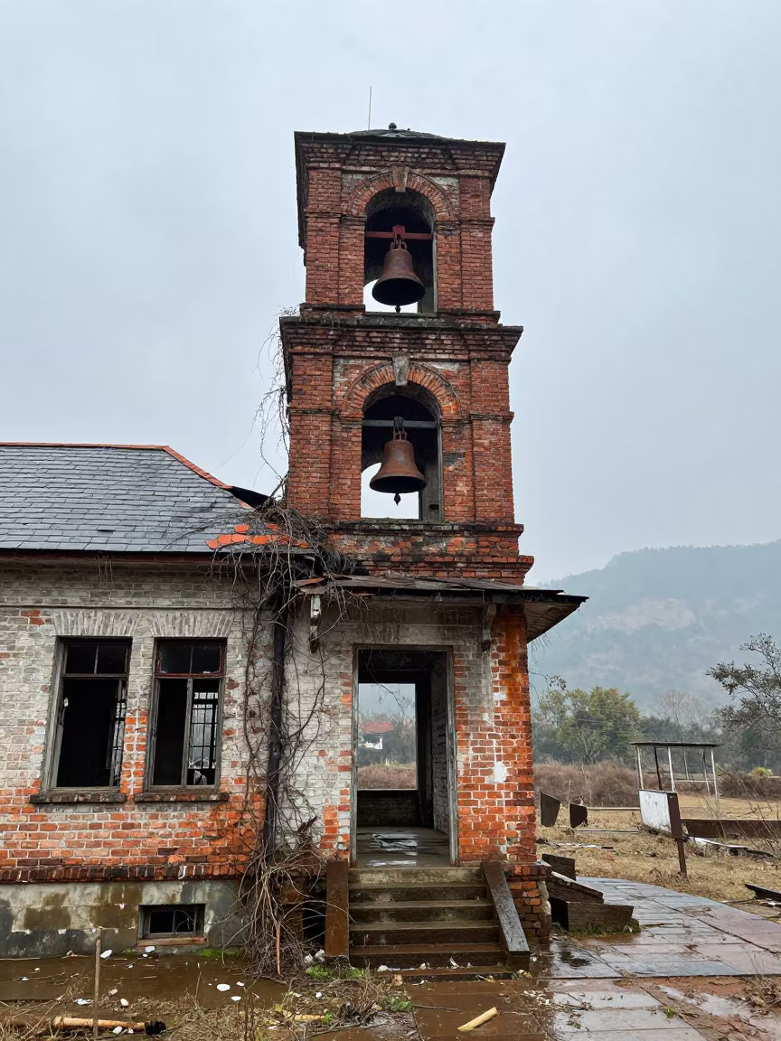 Rusted Bell Tower Over Ruined Schoolhouse in near Guwahati