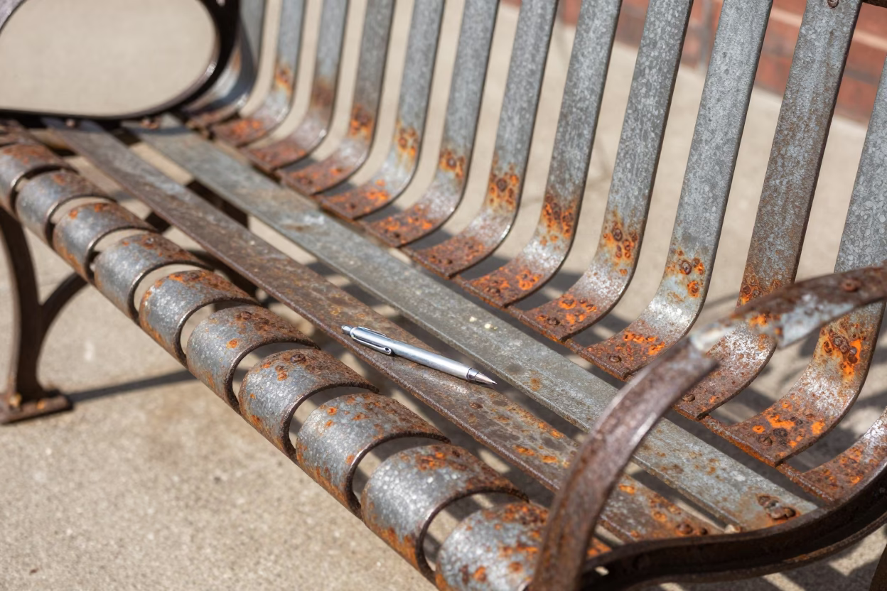 Rusted Bench and Mechanical Pencil in Bright Midmorning Nashville Tennessee Street Scene in in Nashville, Tennessee, United States