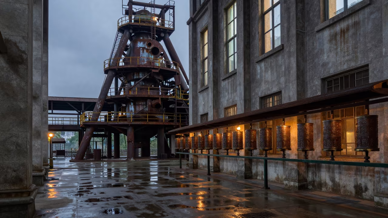 Rusted Blast Furnace Beside Prayer Wheel Corridor in beside a prayer wheel corridor in Shenzhen