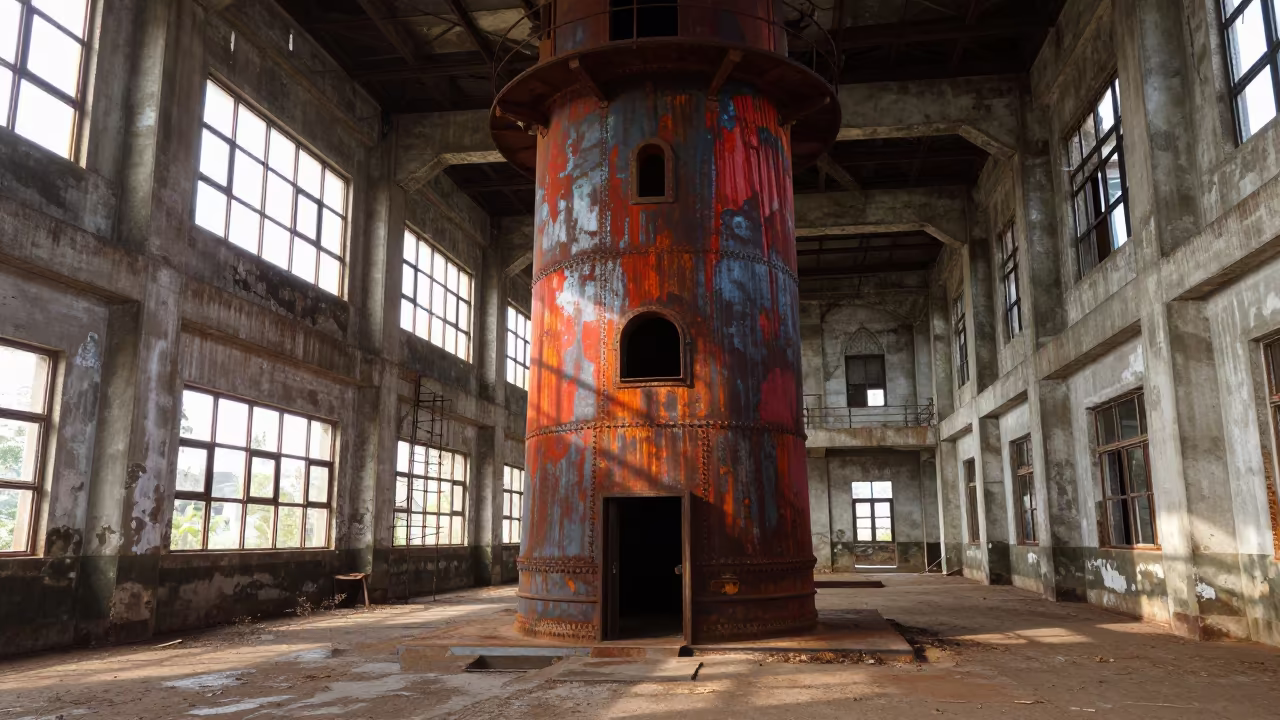 Rusted Blast Furnace Cathedral in Hoima Corridor in beside a prayer wheel corridor in Hoima