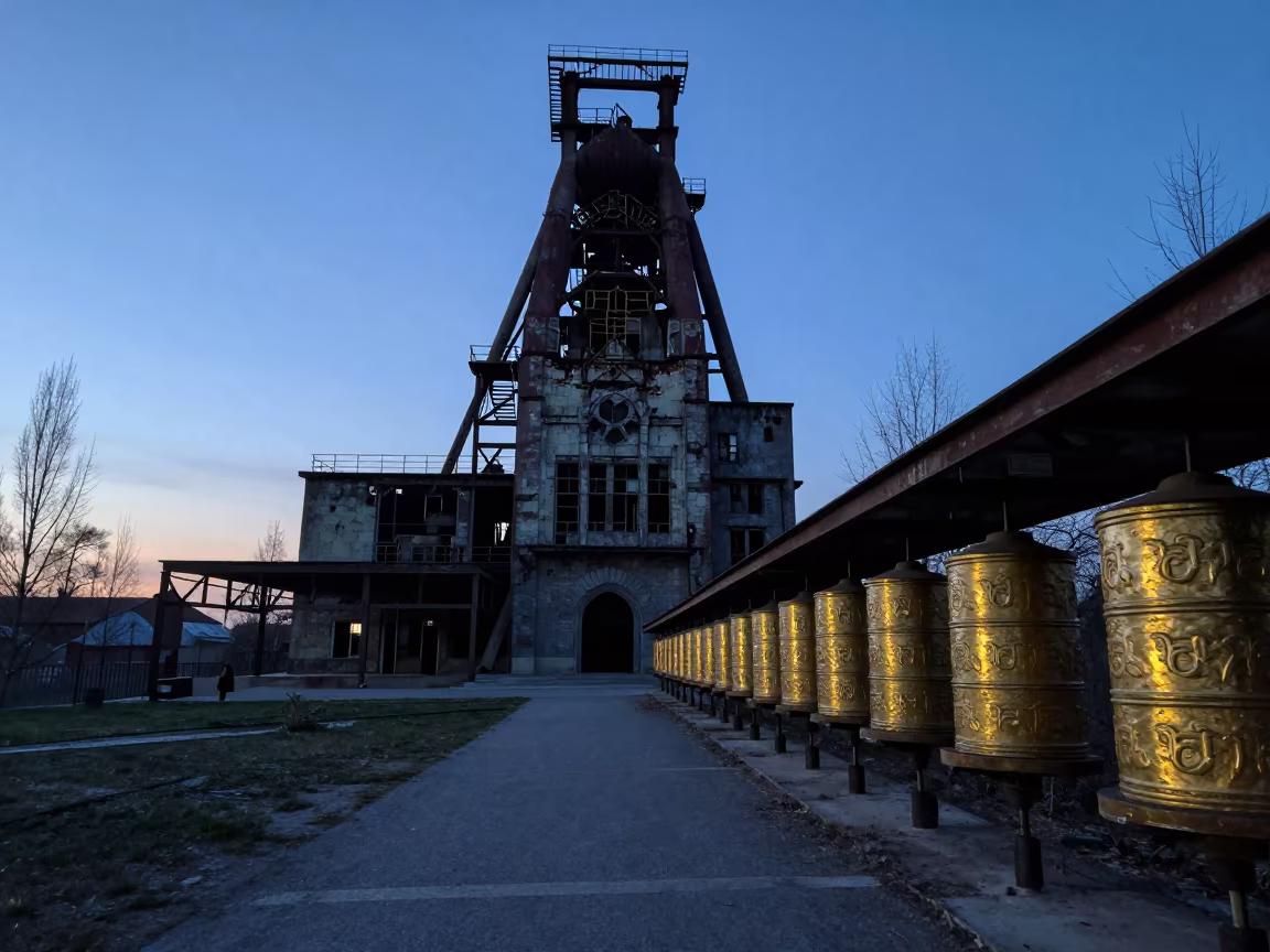 Rusted Blast Furnace Cathedral Košice in beside a prayer wheel corridor in Košice