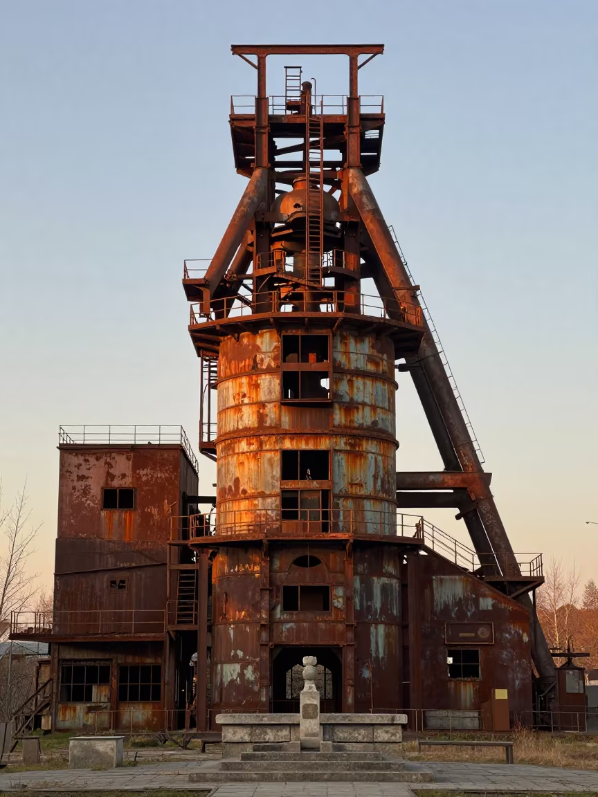 Rusted Blast Furnace Cathedral in Opole Altar Light in at the foot of a stone altar in Opole