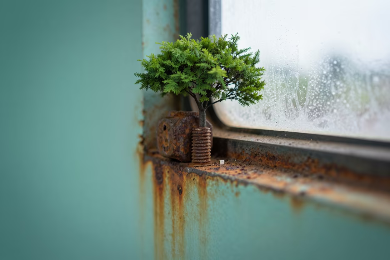 Rusted Bolt Rim on Turquoise Wall with Horizontal Tree in against weathered turquoise paint in St. Catharines