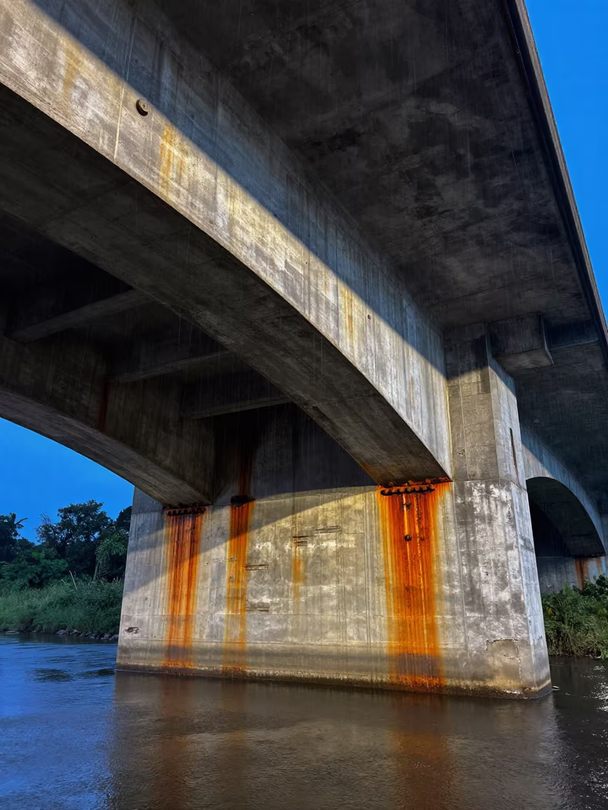 Rusted Bolts Under Comoros Bridge Span at Twilight in beneath a bridge span in Comoros