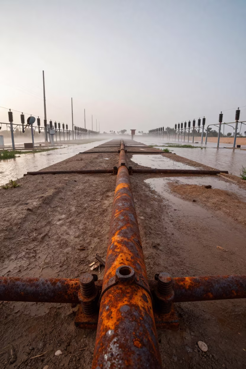 Rusted Bolts and Substation Yard Beside Floodwater in along a levee path above floodwater in El Oued
