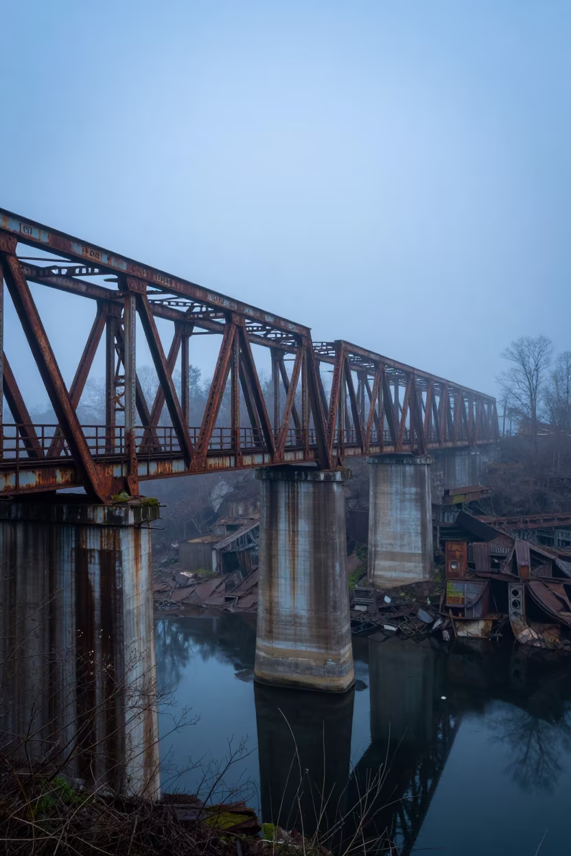 Rusted Bridge Girders Over Misty Gorge at Blue Hour in inside a roofless hammam near Guangzhou
