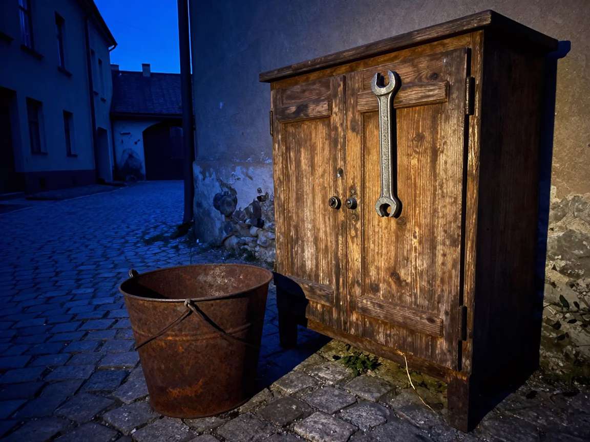Rusted bucket and socket wrench resting on grease-stained cabinet in predawn Krakow alleyway in in Krakow, Poland