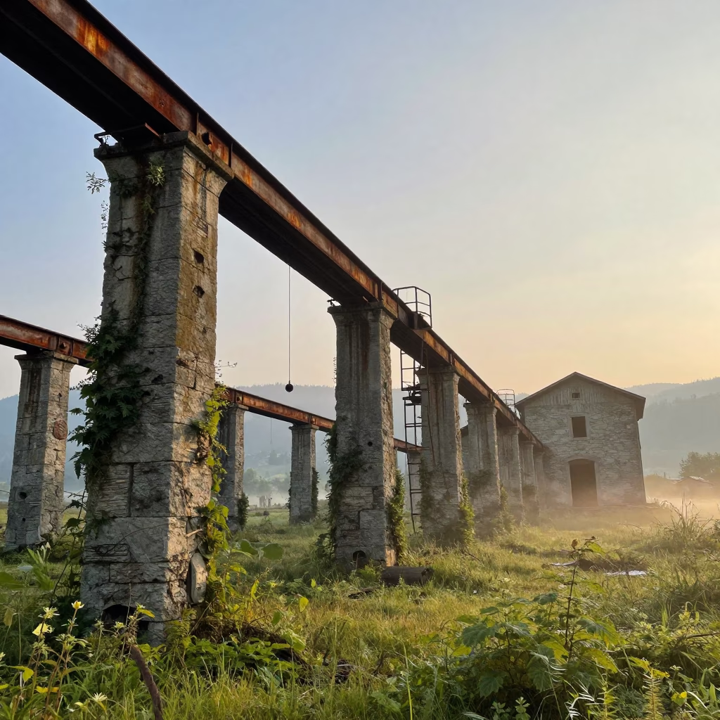 Rusted Cannery Belts Amid Lucerne Ruins in among toppled columns and nettles near Lucerne