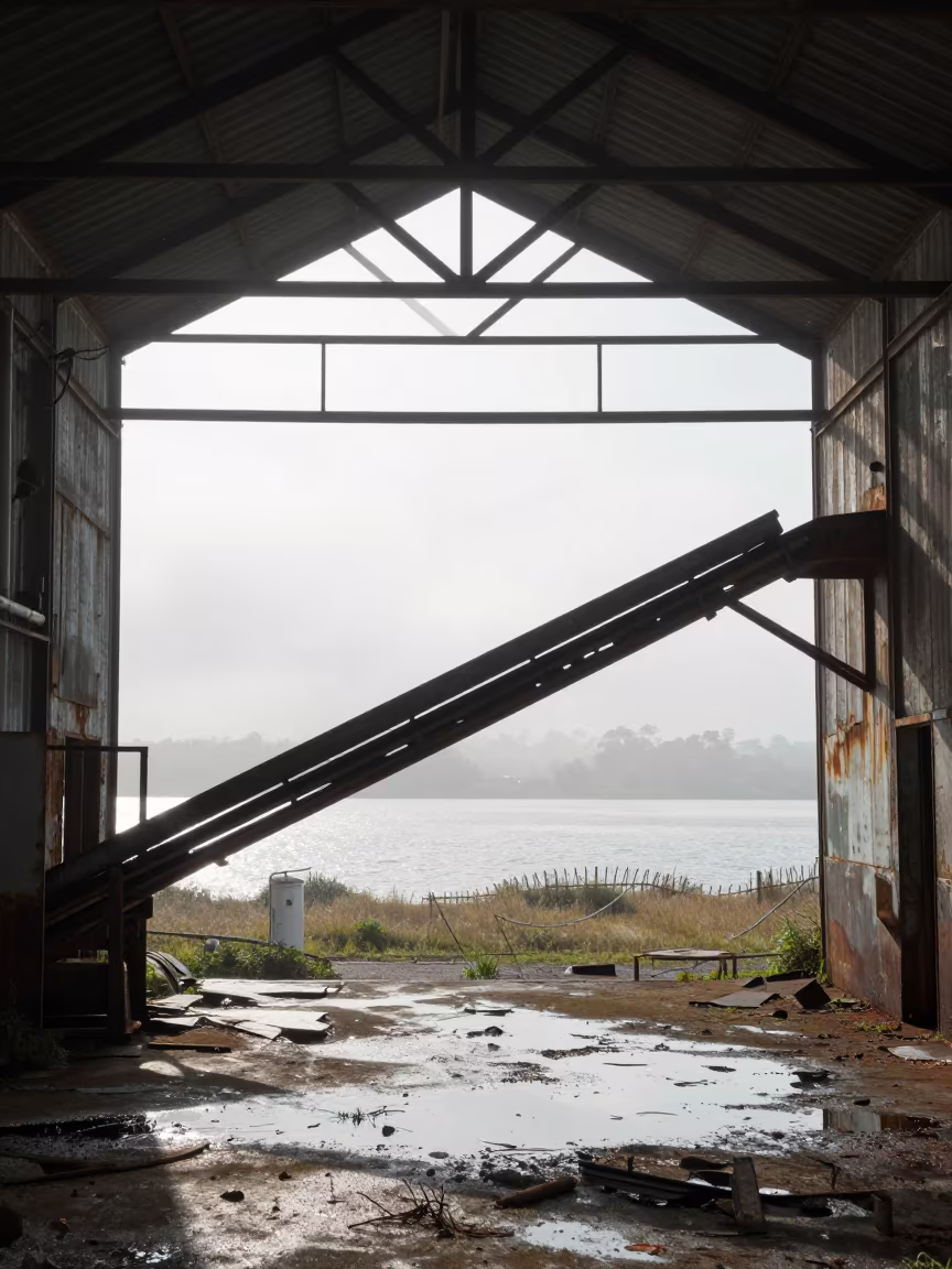 Rusted Cannery Silhouette in Misty Lobamba Nave in inside a roofless nave near Lobamba