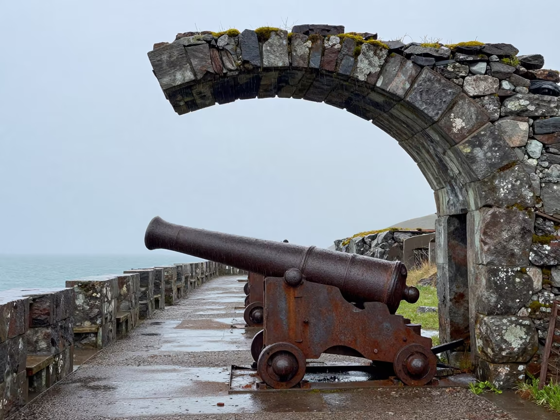 Rusted Cannons Under Stone Arch in Rain in beneath a broken stone arch in the Urals