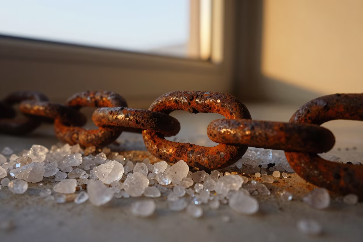 Rusted Chain Links on Salt Crystals Stockholm in on salt crystals along a pan rim near Stockholm