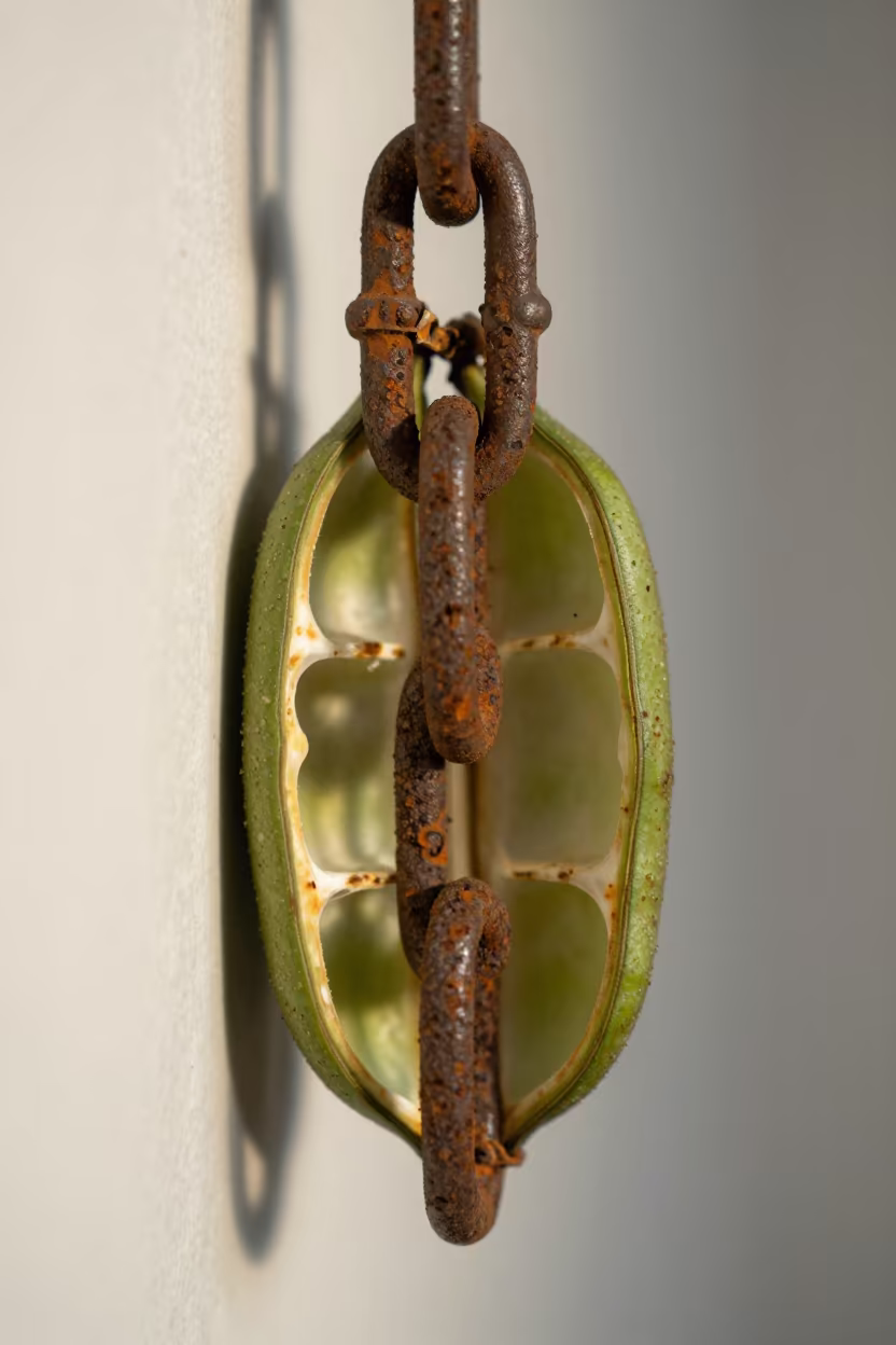 Rusted Chain Texture Inside Seed Pod at Dawn in inside a seed pod split open near Faiyum