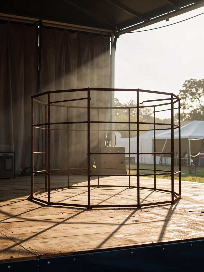 Rusted Circus Cages Silhouetted on Victoria Stage in on a festival main stage in Victoria