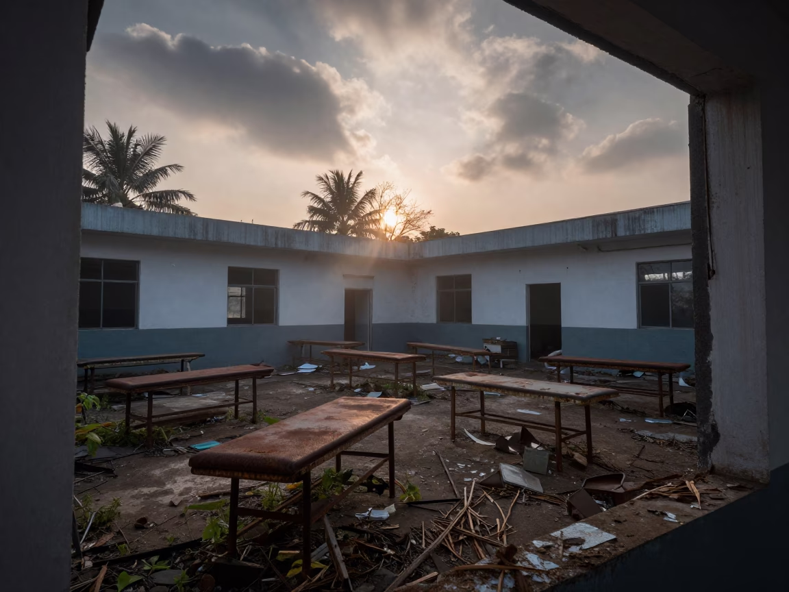Rusted Clinic Tables in Misty Guwahati Cloisters in among collapsed cloisters near Guwahati