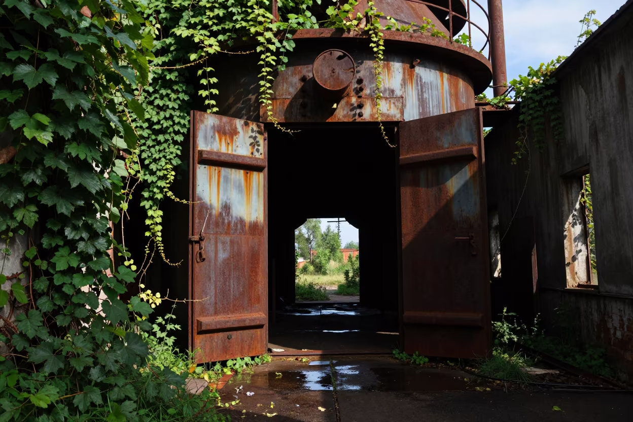 Rusted Coke Oven Battery Silhouette in Polish Ruin in along a vine-choked corridor in Poland