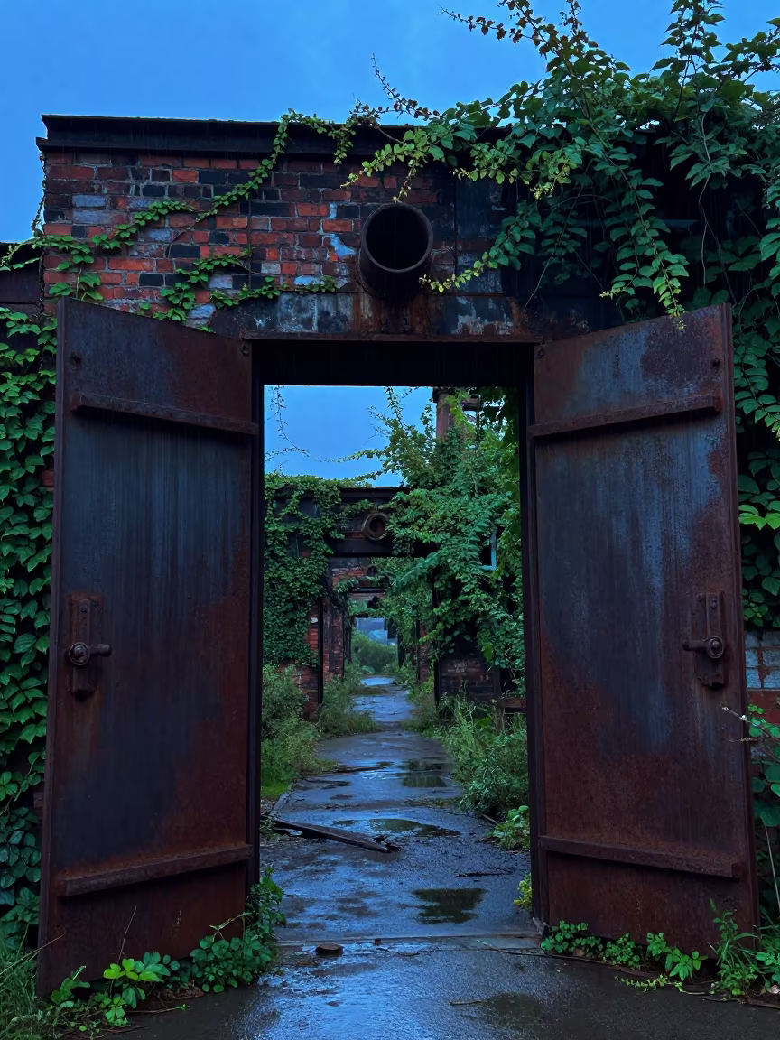 Rusted Coke Oven Doors Open in Blue Hour Rain in along a vine-choked corridor in Indiana