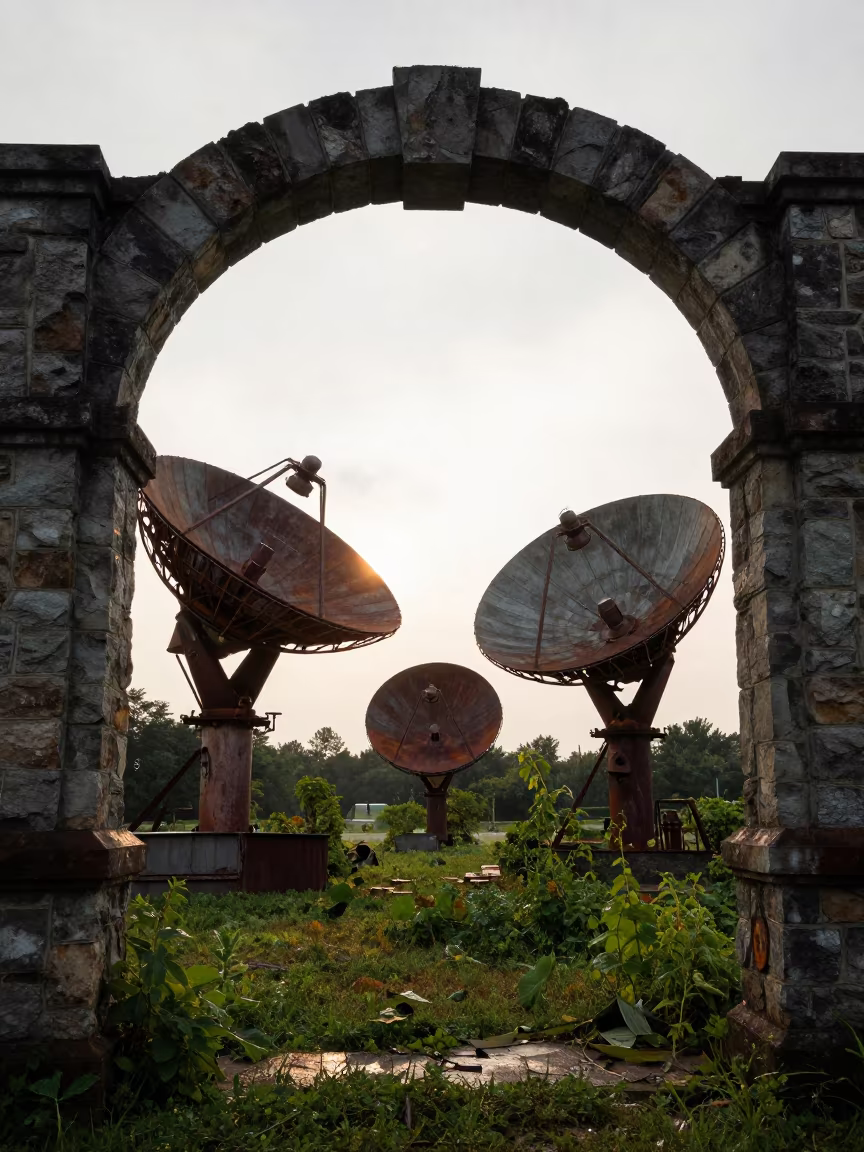 Rusted Cold War Dishes Under Stone Arch Missouri in beneath a broken stone arch in Missouri