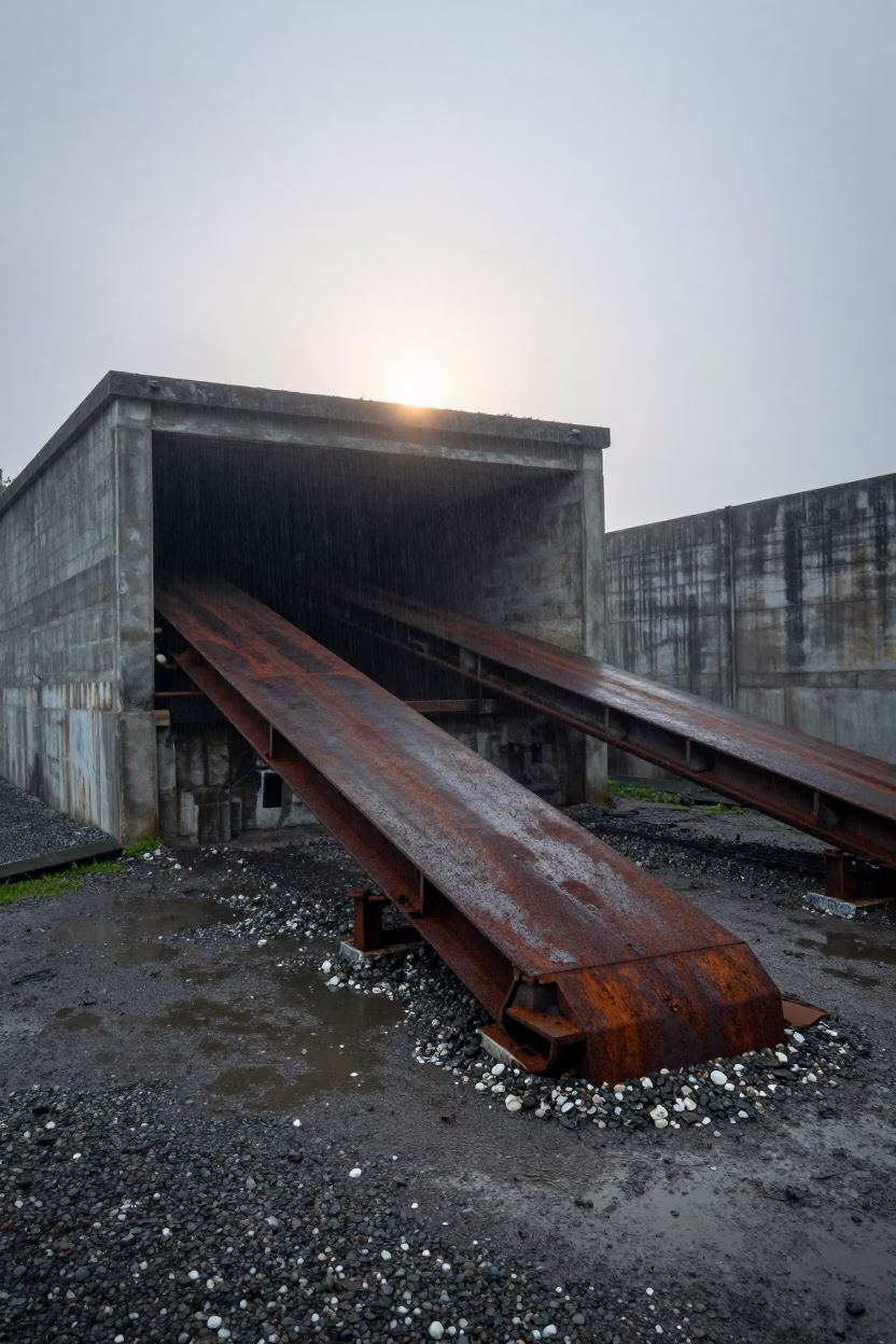 Rusted Conveyor Belts in Maldives Hammam Dawn in inside a roofless hammam in Maldives