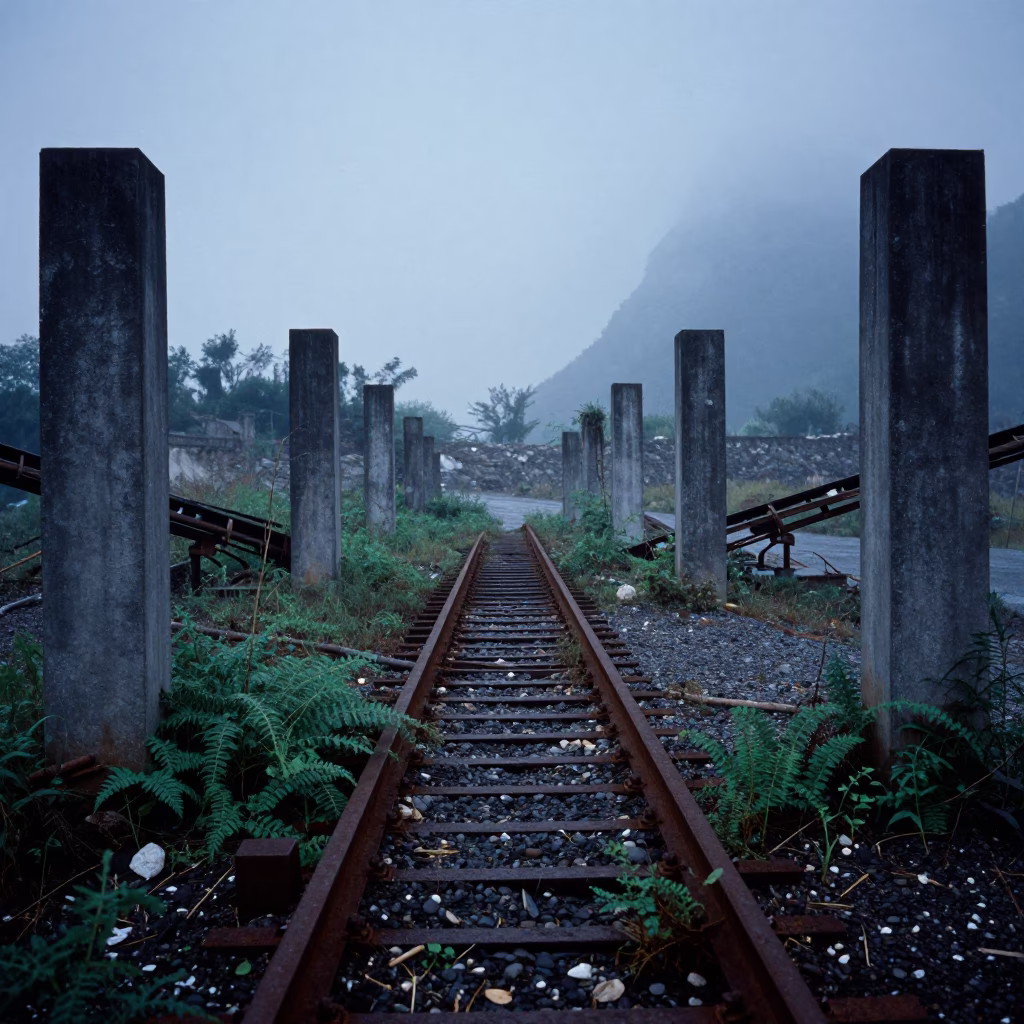 Rusted Conveyor Belts in Yangshuo Gravel Pit in among toppled columns and nettles near Yangshuo