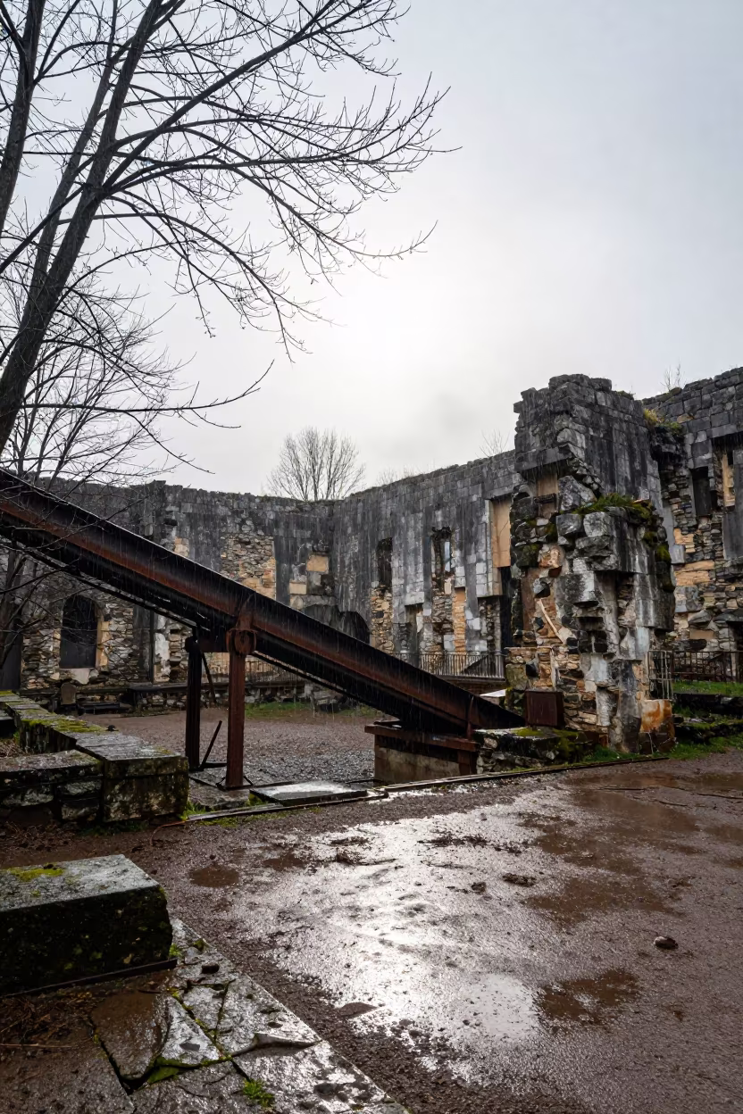 Rusted Conveyor Silhouette in Winter Hammam in inside a roofless hammam in Provence