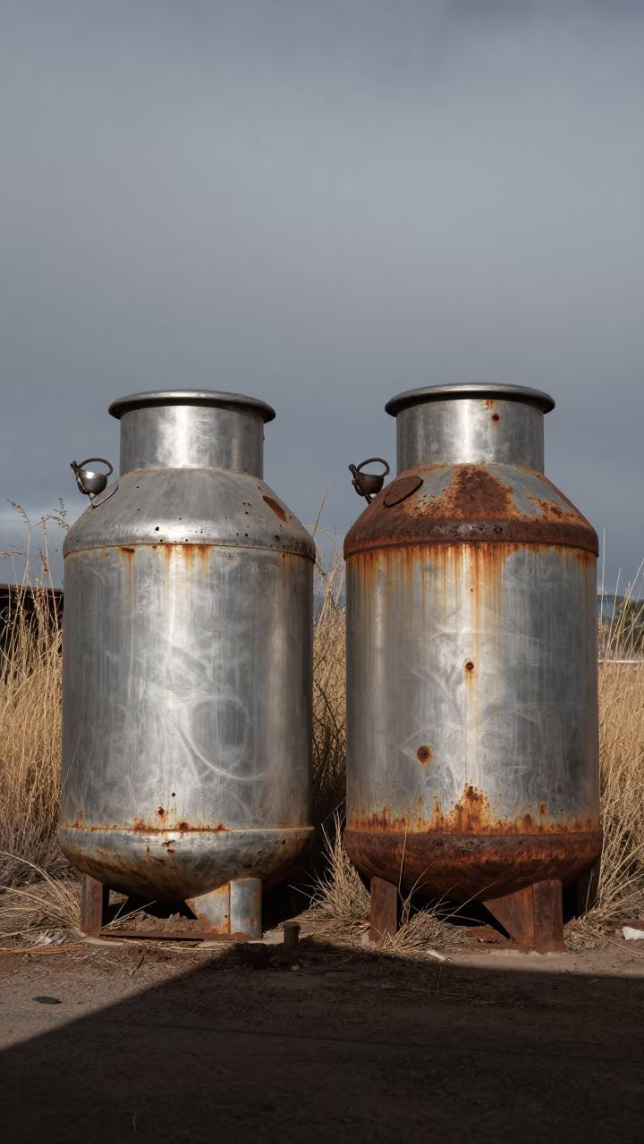 Rusted Dairy Tanks in Overgrown California Courtyard in through a courtyard reclaimed by grasses in California