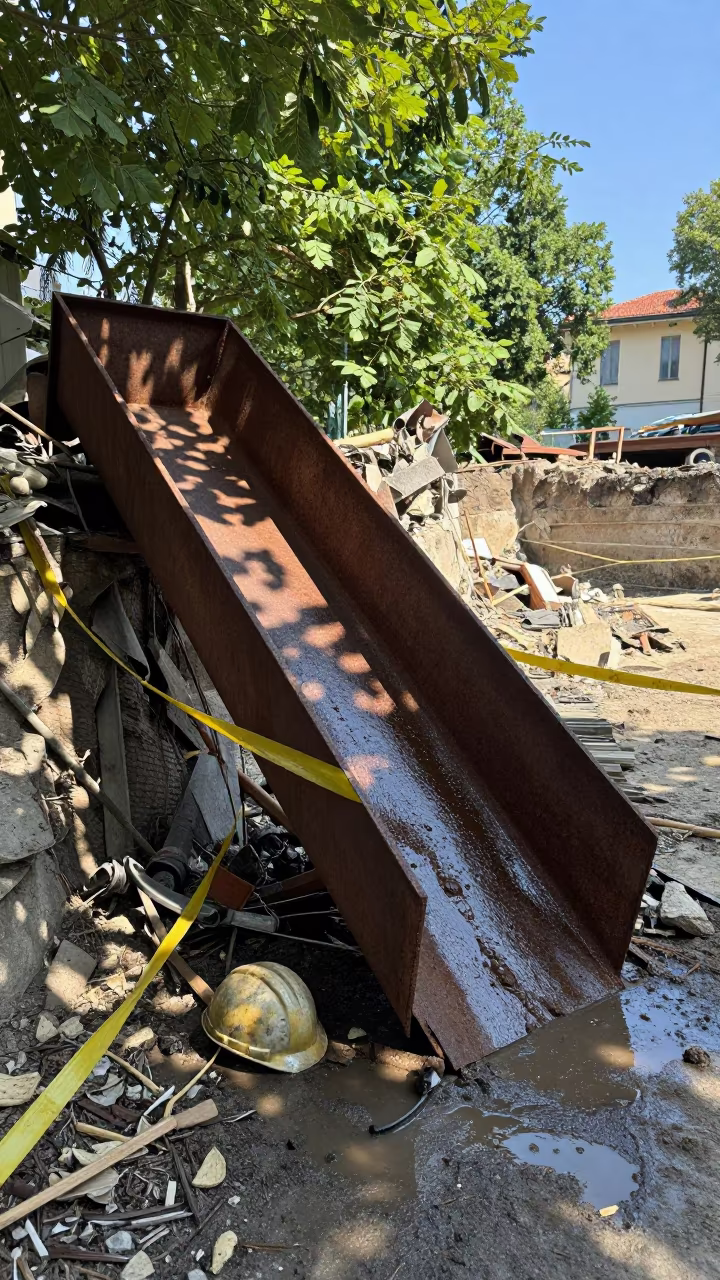 Rusted Demolition Chute Mouth in Milan Afternoon in inside a taped-off excavation edge near Milan
