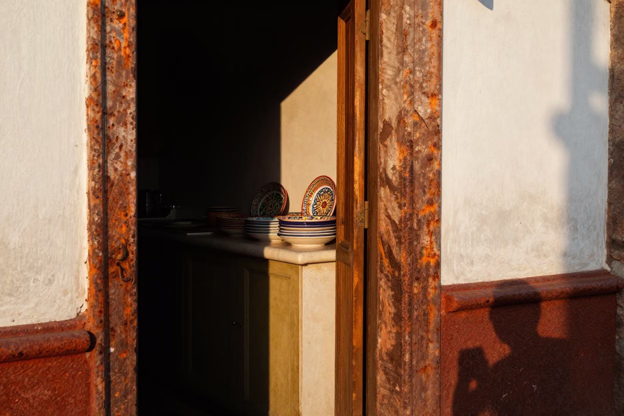Rusted Doorframe and Majolica Plates in Mexico City Late Afternoon Street Scene in in Mexico City, Mexico