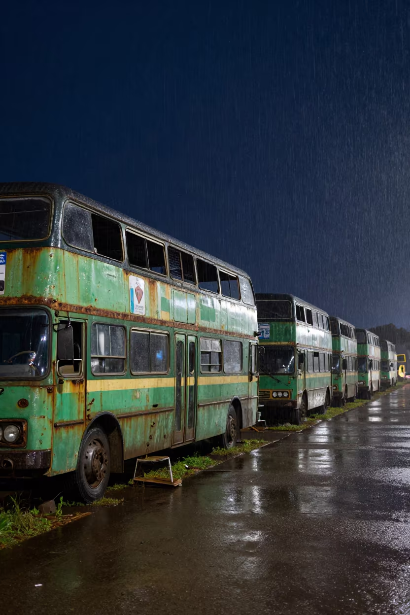 Rusted Double-Decker Buses Under Monsoon Night in in Central African Republic