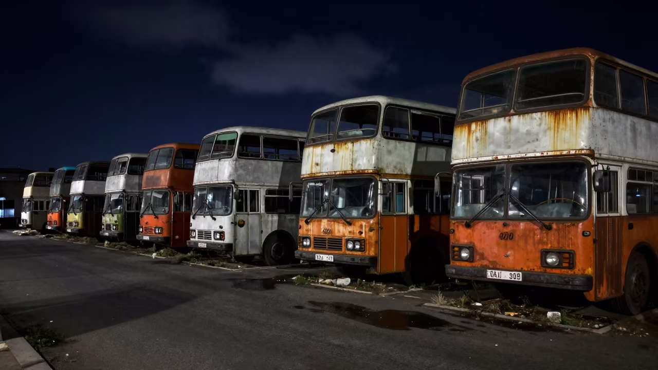 Rusted Double-Decker Buses in Night Shadow in near Yazd